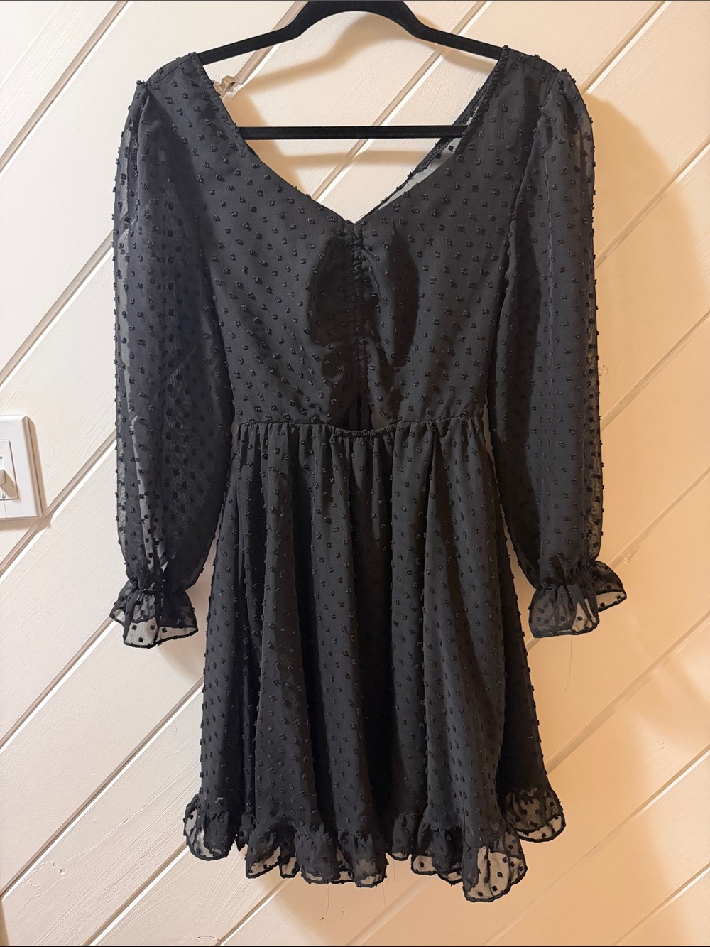 Black Textured Long-Sleeve Mini Dress with Ruffled Hem